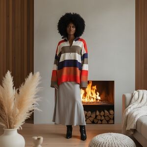 Free People Beige Blue Coastal Stripe Sweater Sz M Rugby Quarter Zip Oversized